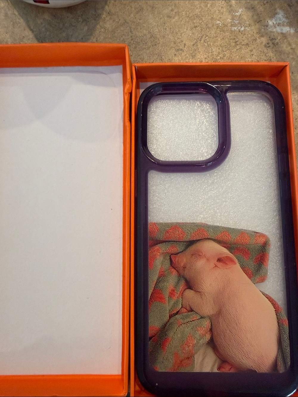 Purple Camera Bumper Phone Case with Pig Photo Accent. iPhone 15/14